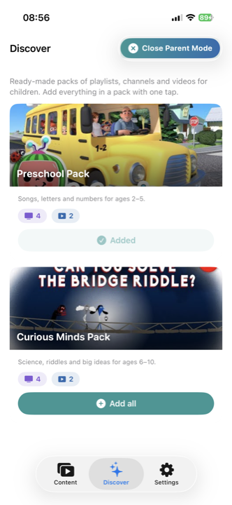 The Discover screen with ready-made content packs like the Preschool Pack