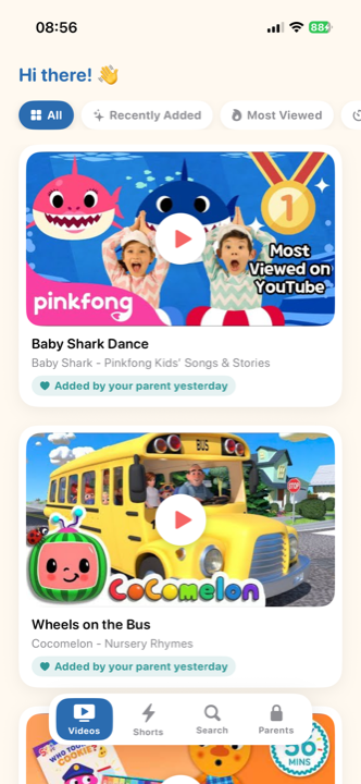 The Video Garden kid screen: a friendly feed showing only parent-approved videos