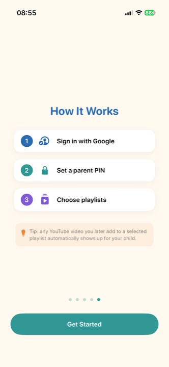 Video Garden onboarding: sign in with Google or Apple, set a parent PIN, choose playlists