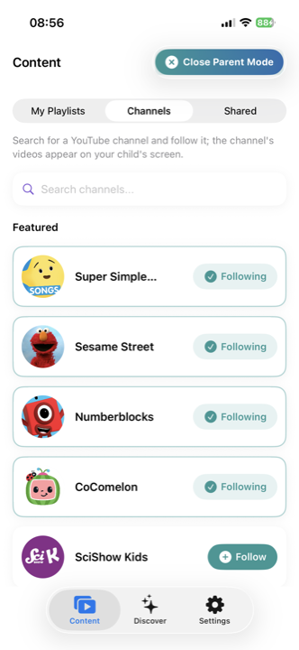 The parent area: following trusted YouTube channels like Sesame Street and Numberblocks